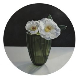 Camelias in Green Vase